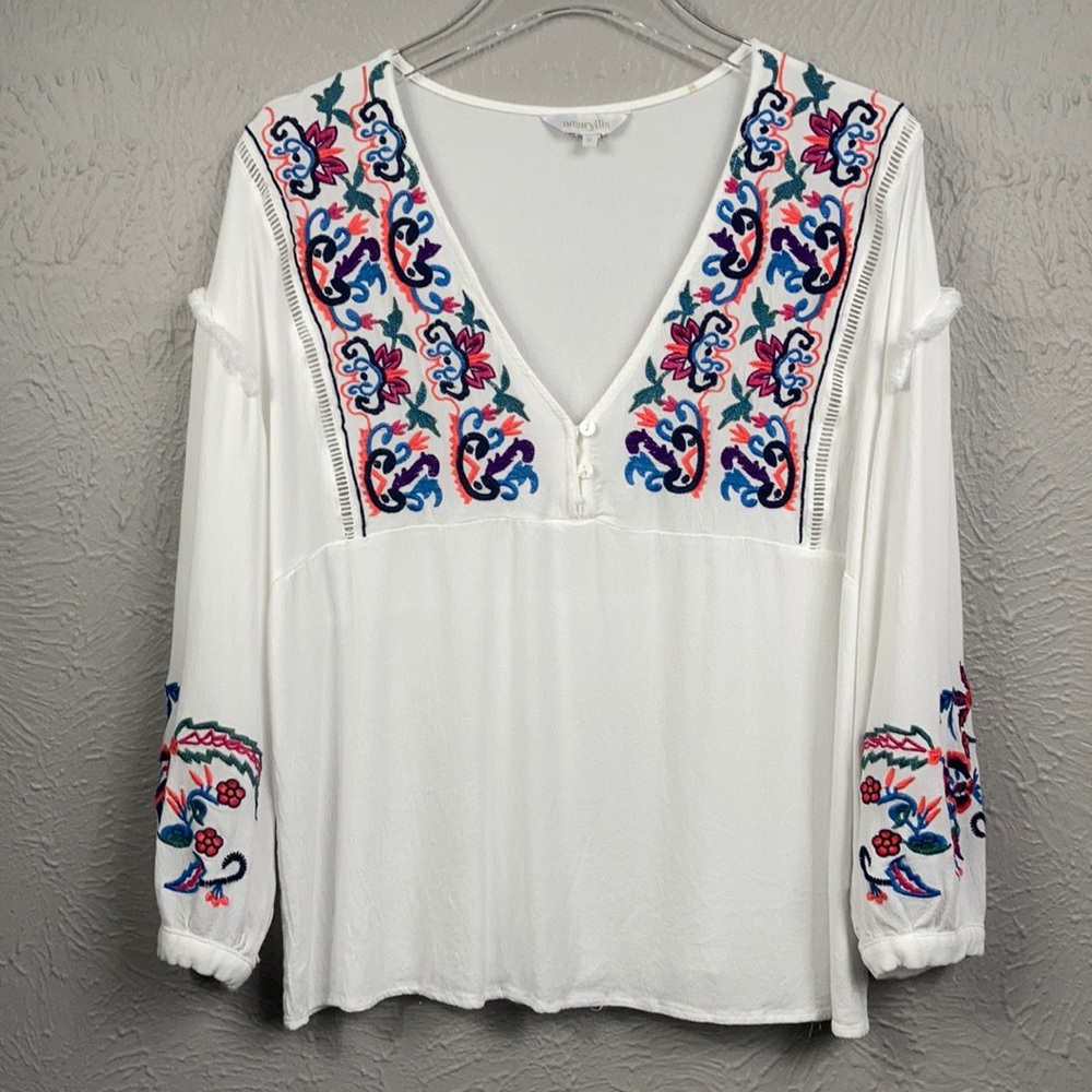 Amaryllis White Long Sleeve Floral Embroidered Top